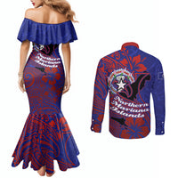 Saipan Northern Mariana Islands Couples Matching Mermaid Dress and Long Sleeve Button Shirt Polynesian Tribal Tattoo Art With Hibiscus Flowers And Seal