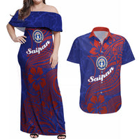 Saipan Northern Mariana Islands Couples Matching Off Shoulder Maxi Dress and Hawaiian Shirt Polynesian Tribal Tattoo Art With Hibiscus Flowers And Seal