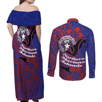 Saipan Northern Mariana Islands Couples Matching Off Shoulder Maxi Dress and Long Sleeve Button Shirt Polynesian Tribal Tattoo Art With Hibiscus Flowers And Seal