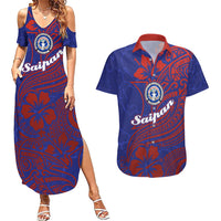 Saipan Northern Mariana Islands Couples Matching Summer Maxi Dress and Hawaiian Shirt Polynesian Tribal Tattoo Art With Hibiscus Flowers And Seal