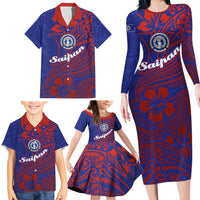 Saipan Northern Mariana Islands Family Matching Long Sleeve Bodycon Dress and Hawaiian Shirt Polynesian Tribal Tattoo Art With Hibiscus Flowers And Seal