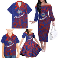Saipan Northern Mariana Islands Family Matching Off The Shoulder Long Sleeve Dress and Hawaiian Shirt Polynesian Tribal Tattoo Art With Hibiscus Flowers And Seal