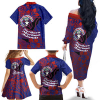 Saipan Northern Mariana Islands Family Matching Off The Shoulder Long Sleeve Dress and Hawaiian Shirt Polynesian Tribal Tattoo Art With Hibiscus Flowers And Seal