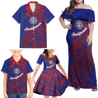 Saipan Northern Mariana Islands Family Matching Off Shoulder Maxi Dress and Hawaiian Shirt Polynesian Tribal Tattoo Art With Hibiscus Flowers And Seal