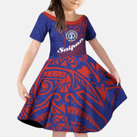 Saipan Northern Mariana Islands Kid Short Sleeve Dress Polynesian Tribal Tattoo Art With Hibiscus Flowers And Seal