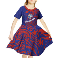 Saipan Northern Mariana Islands Kid Short Sleeve Dress Polynesian Tribal Tattoo Art With Hibiscus Flowers And Seal