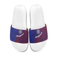 Saipan Northern Mariana Islands Slide Sandals Polynesian Tribal Tattoo Art With Hibiscus Flowers And Seal