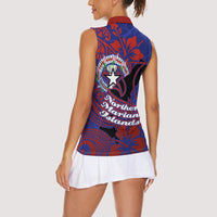 Saipan Northern Mariana Islands Women Sleeveless Polo Shirt Polynesian Tribal Tattoo Art With Hibiscus Flowers And Seal