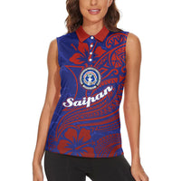 Saipan Northern Mariana Islands Women Sleeveless Polo Shirt Polynesian Tribal Tattoo Art With Hibiscus Flowers And Seal