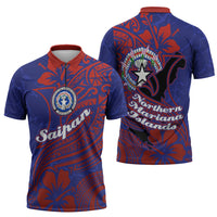 Saipan Northern Mariana Islands Zipper Polo Shirt Polynesian Tribal Tattoo Art With Hibiscus Flowers And Seal