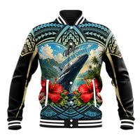 Personalized Masefau American Samoa Whale Baseball Jacket Polynesian Tribal Pattern Tropical Hibiscus