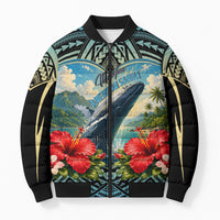 Personalized Masefau American Samoa Whale Bomber Puffer Jacket Polynesian Tribal Pattern Tropical Hibiscus