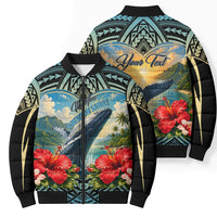 Personalized Masefau American Samoa Whale Bomber Puffer Jacket Polynesian Tribal Pattern Tropical Hibiscus
