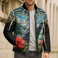 Personalized Masefau American Samoa Whale Bomber Puffer Jacket Polynesian Tribal Pattern Tropical Hibiscus