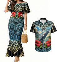 Personalized Masefau American Samoa Whale Couples Matching Mermaid Dress and Hawaiian Shirt Polynesian Tribal Pattern Tropical Hibiscus