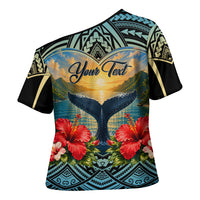 Personalized Masefau American Samoa Whale Cross Shoulder Shirt Polynesian Tribal Pattern Tropical Hibiscus