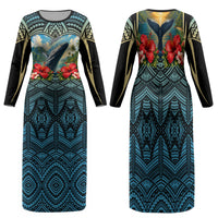 Personalized Masefau American Samoa Whale Family Matching Long Sleeve Bodycon Dress and Hawaiian Shirt Polynesian Tribal Pattern Tropical Hibiscus