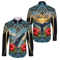 Personalized Masefau American Samoa Whale Family Matching Long Sleeve Bodycon Dress and Hawaiian Shirt Polynesian Tribal Pattern Tropical Hibiscus
