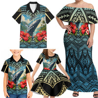 Personalized Masefau American Samoa Whale Family Matching Off Shoulder Maxi Dress and Hawaiian Shirt Polynesian Tribal Pattern Tropical Hibiscus