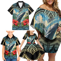 Personalized Masefau American Samoa Whale Family Matching Off Shoulder Short Dress and Hawaiian Shirt Polynesian Tribal Pattern Tropical Hibiscus