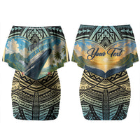 Personalized Masefau American Samoa Whale Family Matching Off Shoulder Short Dress and Hawaiian Shirt Polynesian Tribal Pattern Tropical Hibiscus