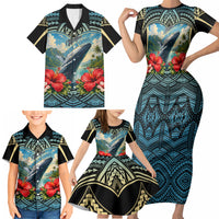 Personalized Masefau American Samoa Whale Family Matching Short Sleeve Bodycon Dress and Hawaiian Shirt Polynesian Tribal Pattern Tropical Hibiscus