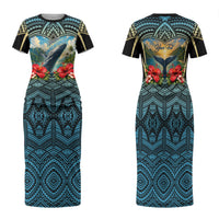 Personalized Masefau American Samoa Whale Family Matching Short Sleeve Bodycon Dress and Hawaiian Shirt Polynesian Tribal Pattern Tropical Hibiscus