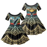 Personalized Masefau American Samoa Whale Family Matching Short Sleeve Bodycon Dress and Hawaiian Shirt Polynesian Tribal Pattern Tropical Hibiscus