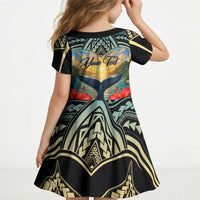 Personalized Masefau American Samoa Whale Kid Short Sleeve Dress Polynesian Tribal Pattern Tropical Hibiscus