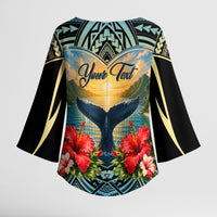 Personalized Masefau American Samoa Whale Kimono Sleeve Blouse Polynesian Tribal Pattern Tropical Hibiscus