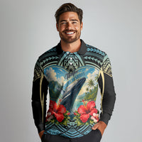 Personalized Masefau American Samoa Whale Long Sleeve Polo Shirt Polynesian Tribal Pattern Tropical Hibiscus