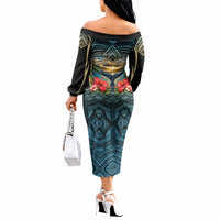 Personalized Masefau American Samoa Whale Off The Shoulder Long Sleeve Dress Polynesian Tribal Pattern Tropical Hibiscus