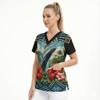 Personalized Masefau American Samoa Whale Scrub Top Polynesian Tribal Pattern Tropical Hibiscus