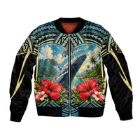 Personalized Masefau American Samoa Whale Sleeve Zip Bomber Jacket Polynesian Tribal Pattern Tropical Hibiscus