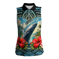 Personalized Masefau American Samoa Whale Women Sleeveless Polo Shirt Polynesian Tribal Pattern Tropical Hibiscus