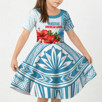 Personalized American Samoa Masefau Kid Short Sleeve Dress Hibiscus Tropical Floral Whale Polynesian Tribal Pattern