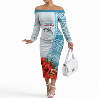 Personalized American Samoa Masefau Off The Shoulder Long Sleeve Dress Hibiscus Tropical Floral Whale Polynesian Tribal Pattern