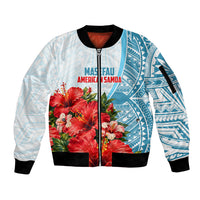 Personalized American Samoa Masefau Sleeve Zip Bomber Jacket Hibiscus Tropical Floral Whale Polynesian Tribal Pattern