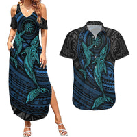 Polynesian Whale Couples Matching Summer Maxi Dress and Hawaiian Shirt TS04 Black Cyan - Polynesian Pride