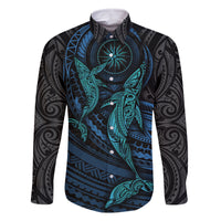 Polynesian Whale Family Matching Off Shoulder Long Sleeve Dress and Hawaiian Shirt TS04 Dad's Shirt - Long Sleeve Black/Cyan - Polynesian Pride