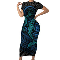 Polynesian Whale Short Sleeve Bodycon Dress TS04 Long Dress Black/Cyan - Polynesian Pride