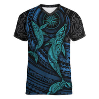 Polynesian Whale Women V Neck T Shirt TS04 Female Black/Cyan - Polynesian Pride