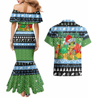 Micronesia Christmas Couples Matching Mermaid Dress and Hawaiian Shirt with Santa Turtle Coral Reef and Holiday Ocean Pattern - Polynesian Pride