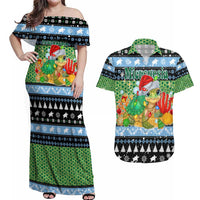 Micronesia Christmas Couples Matching Off Shoulder Maxi Dress and Hawaiian Shirt with Santa Turtle Coral Reef and Holiday Ocean Pattern - Polynesian Pride