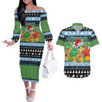 Micronesia Christmas Couples Matching Off The Shoulder Long Sleeve Dress and Hawaiian Shirt with Santa Turtle Coral Reef and Holiday Ocean Pattern - Polynesian Pride