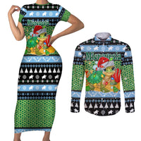 Micronesia Christmas Couples Matching Short Sleeve Bodycon Dress and Long Sleeve Button Shirt with Santa Turtle Coral Reef and Holiday Ocean Pattern - Polynesian Pride