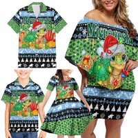 Micronesia Christmas Family Matching Off Shoulder Short Dress and Hawaiian Shirt with Santa Turtle Coral Reef and Holiday Ocean Pattern - Polynesian Pride
