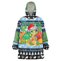 Micronesia Christmas Wearable Blanket Hoodie with Santa Turtle Coral Reef and Holiday Ocean Pattern - Polynesian Pride