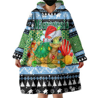Micronesia Christmas Wearable Blanket Hoodie with Santa Turtle Coral Reef and Holiday Ocean Pattern - Polynesian Pride