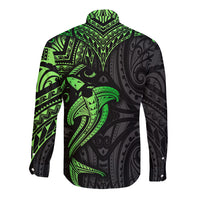 Polynesian Long Sleeve Button Shirt Hammerhead Shark Tribal Pattern Black Green Version TS04 - Polynesian Pride
